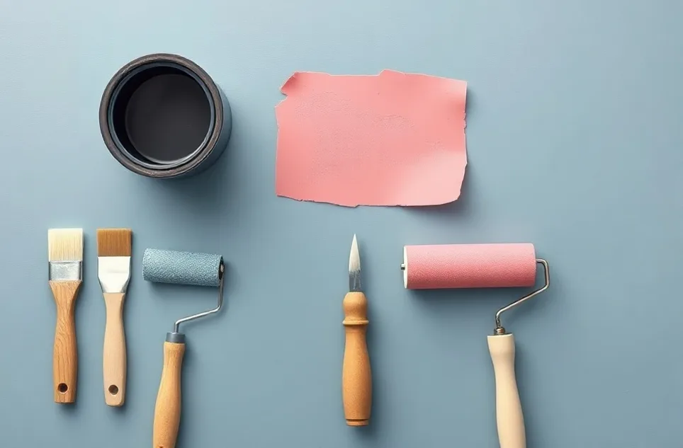 Outils de peinture disposés dans l'ordre des étapes du chantier
