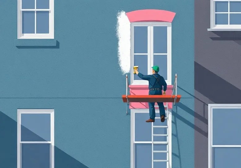 Peintre sur échafaudage traitant la façade d'une maison